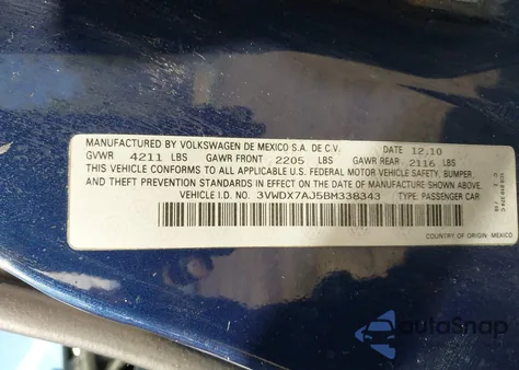 2011 Volkswagen Jetta 2.5L Se z USA, uszkodzony, nr VIN 3VWDX7AJ5BM338343